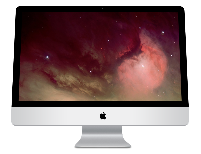 Photograph of the unibody iMac. The screensaver is an image of space -- swirling matter and stars.